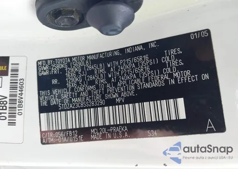 2005 Toyota Sienna Le z USA, uszkodzony, nr VIN 5TDZA23C85S283290